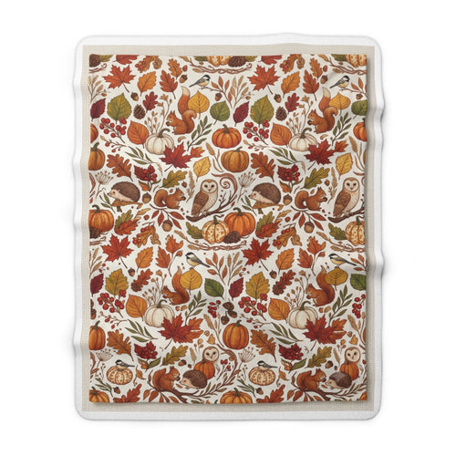 Autumn Harvest Sherpa Blanket – Cozy Fall Pumpkins, Owls & Leaves Throw