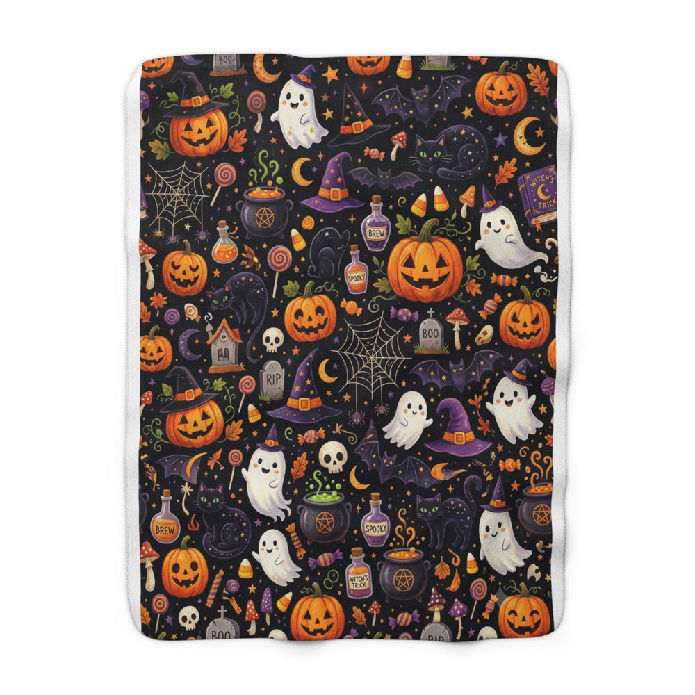 Halloween Pumpkin & Ghost Sherpa Blanket — Cozy Spooky Fall Throw