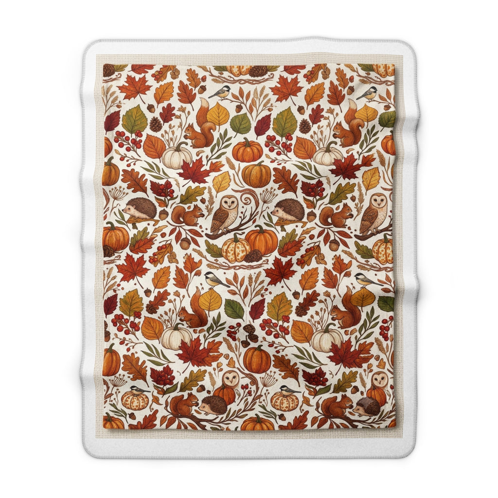 Autumn Harvest Sherpa Blanket – Cozy Fall Pumpkins, Owls & Leaves Throw