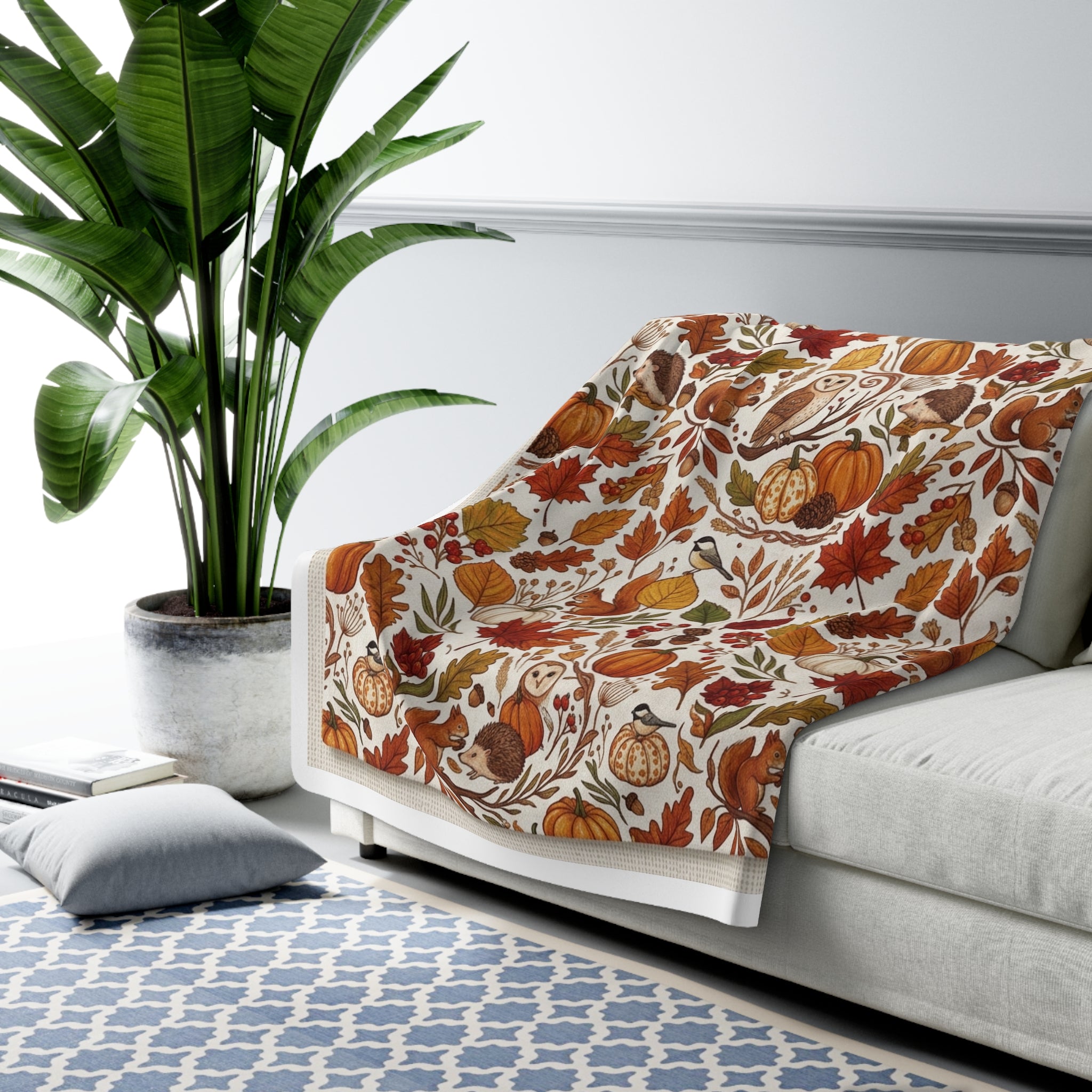 Autumn Harvest Sherpa Blanket – Cozy Fall Pumpkins, Owls & Leaves Throw