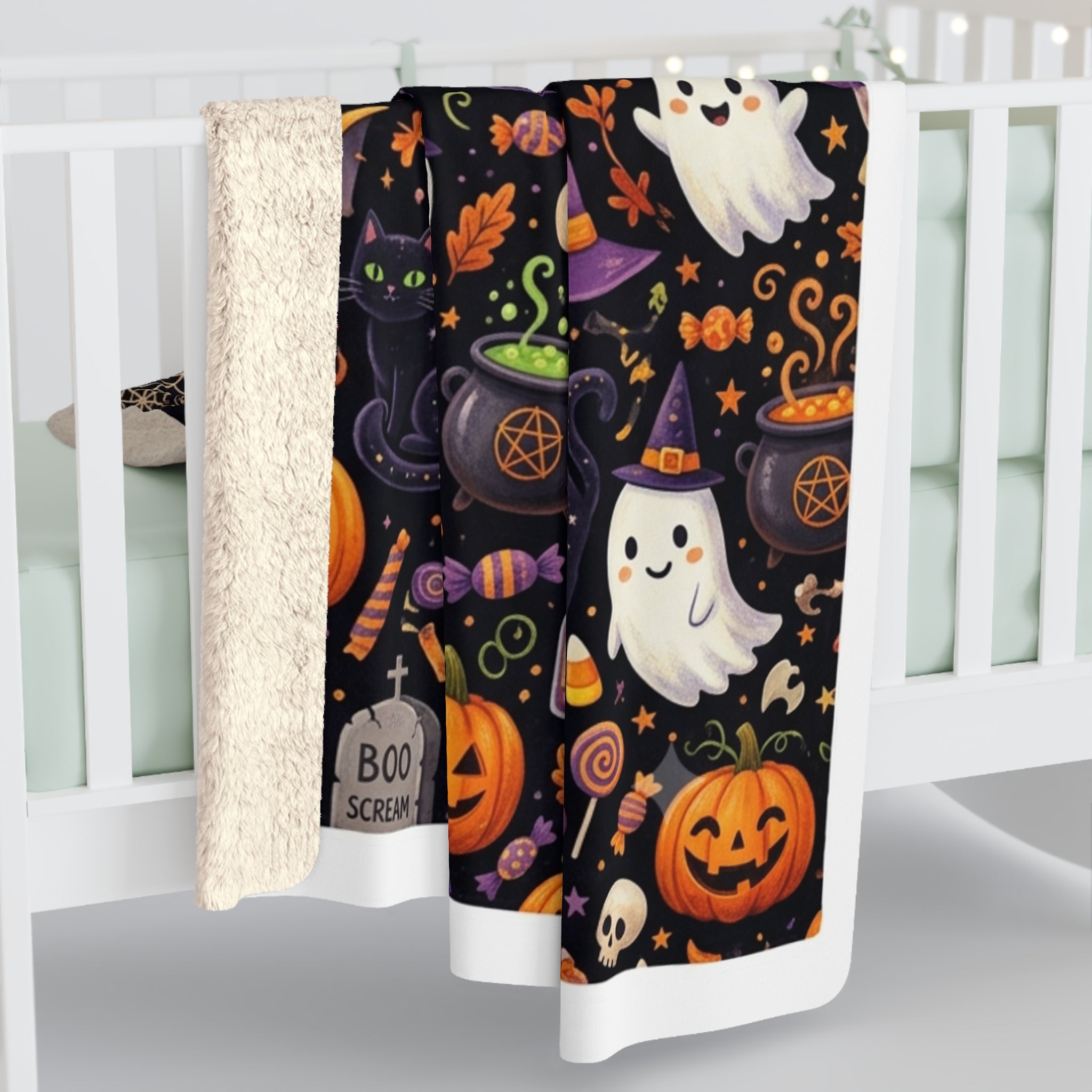 Halloween Pumpkin & Ghost Sherpa Blanket — Cozy Spooky Fall Throw