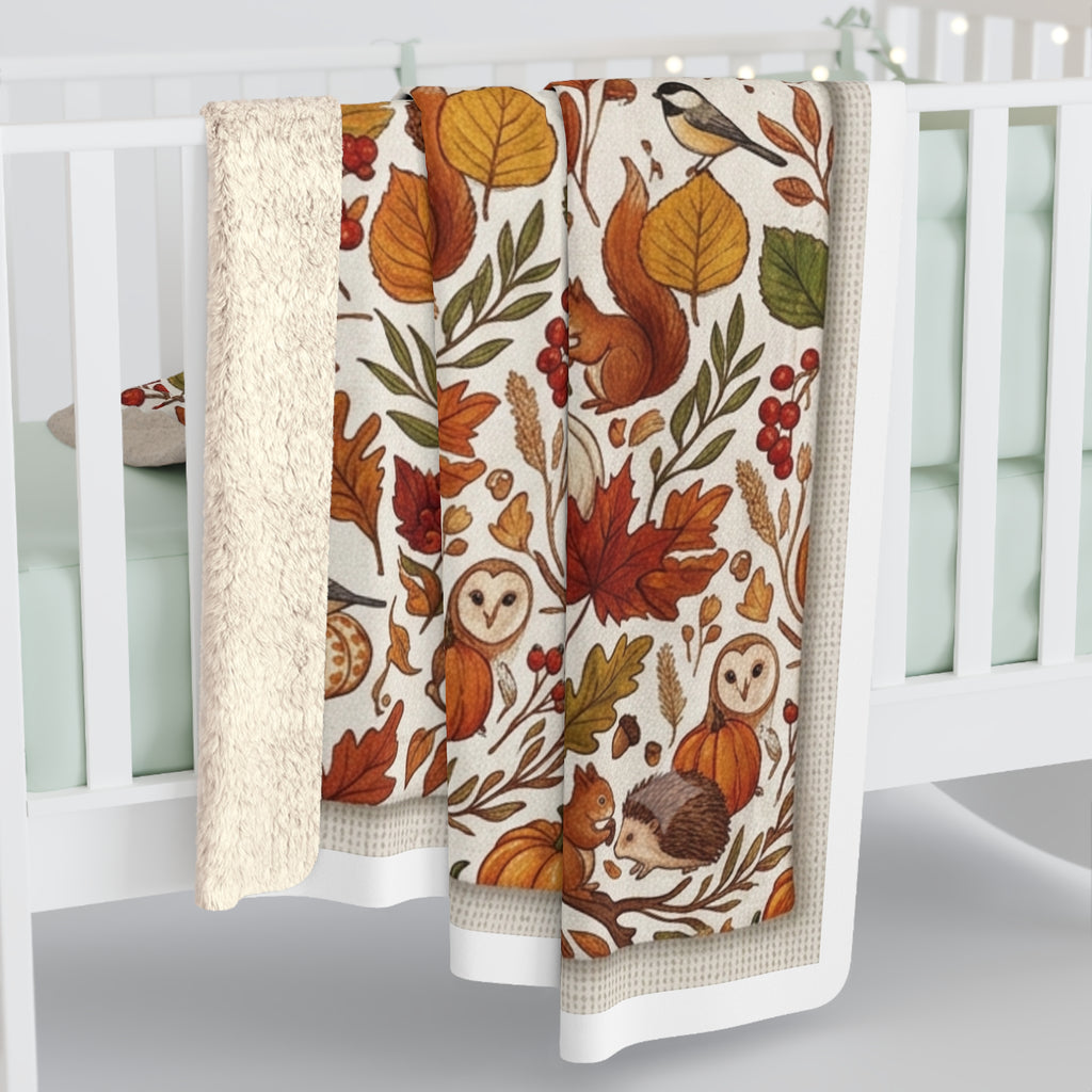 Autumn Harvest Sherpa Blanket – Cozy Fall Pumpkins, Owls & Leaves Throw