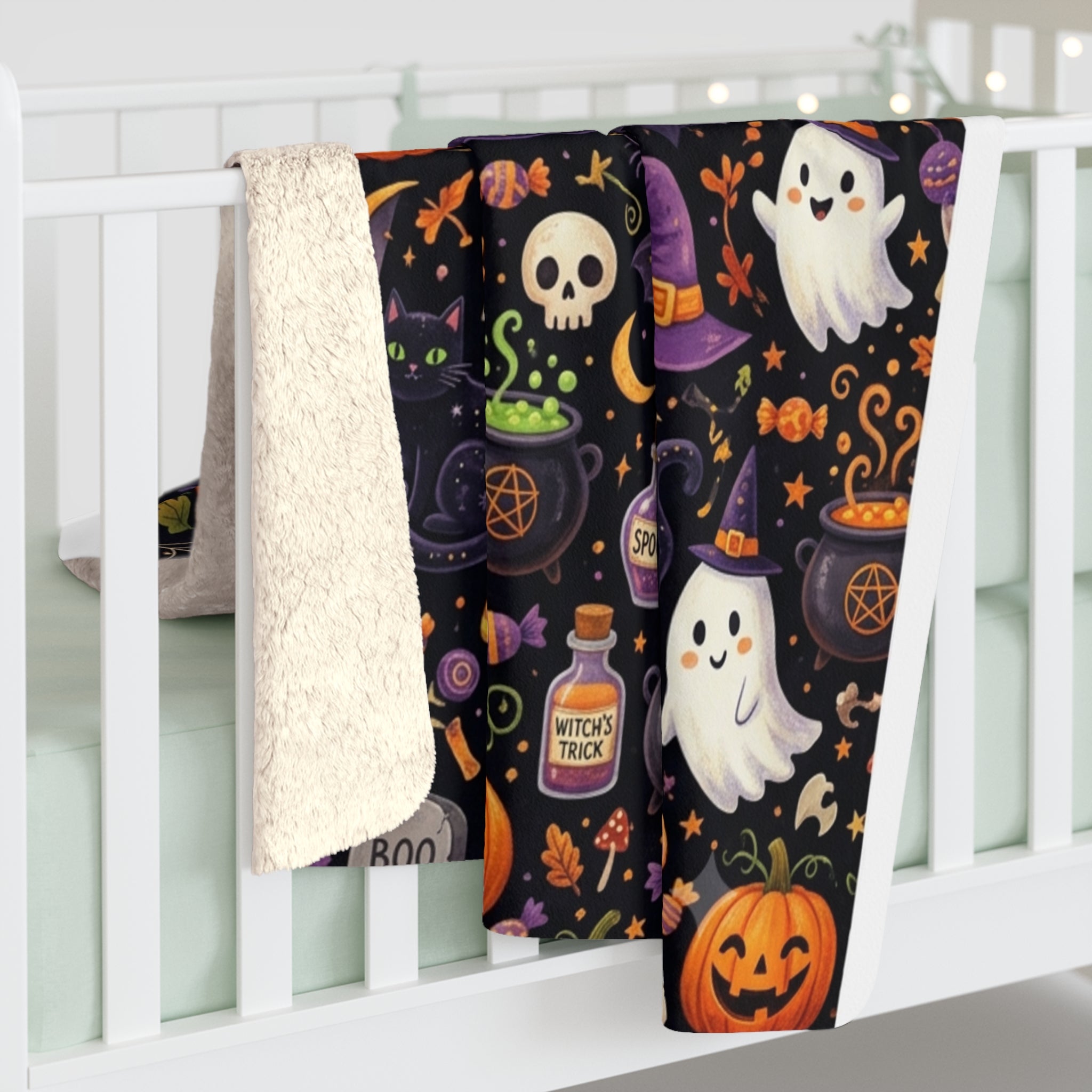 Halloween Pumpkin & Ghost Sherpa Blanket — Cozy Spooky Fall Throw