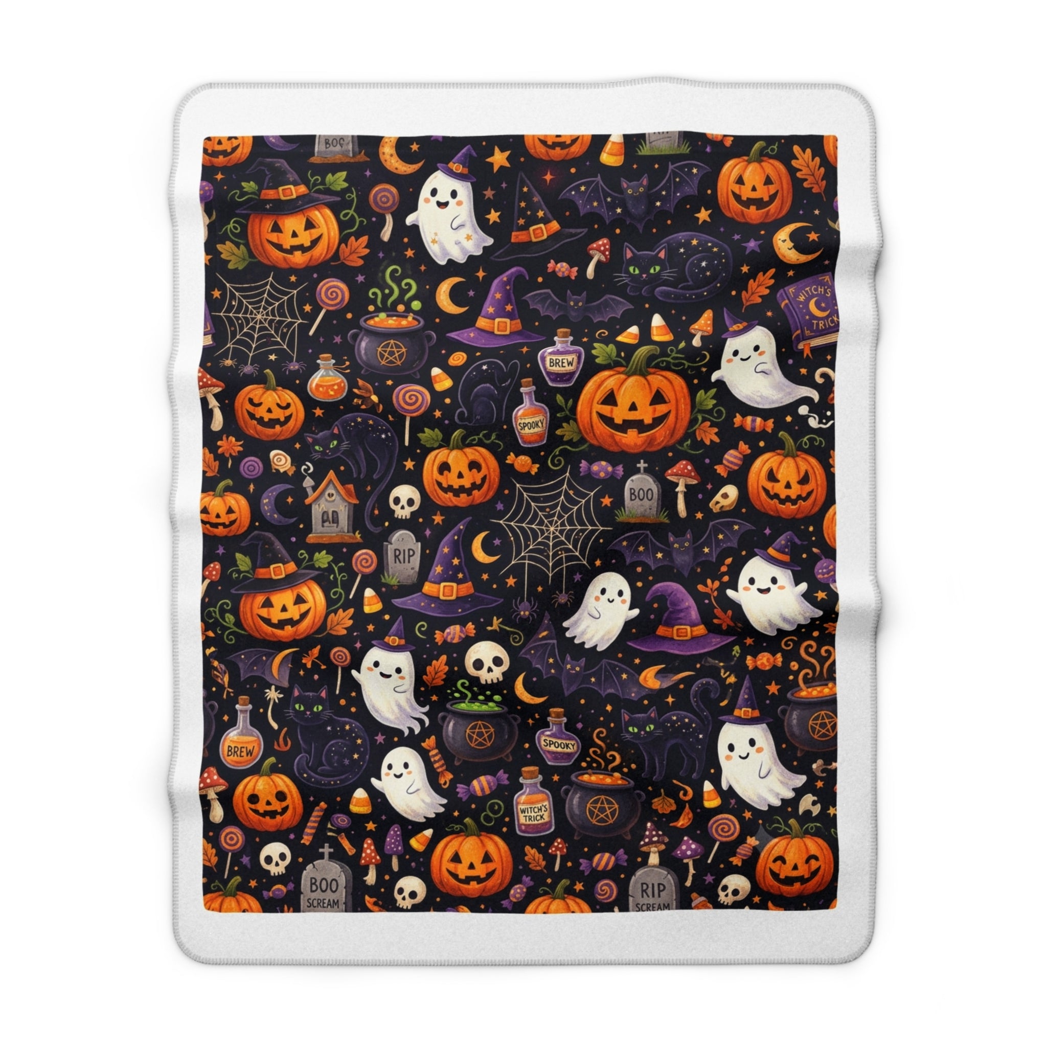 Halloween Pumpkin & Ghost Sherpa Blanket — Cozy Spooky Fall Throw