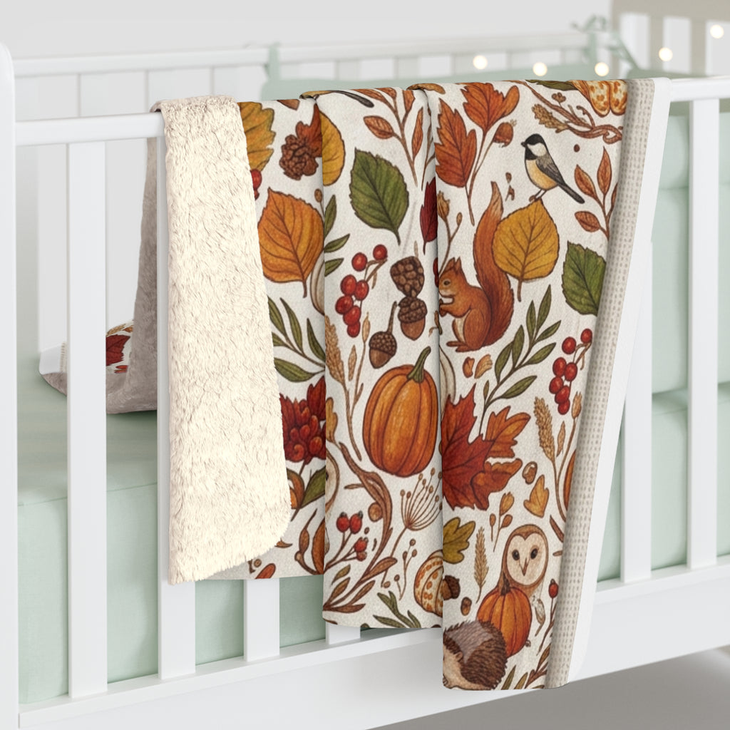 Autumn Harvest Sherpa Blanket – Cozy Fall Pumpkins, Owls & Leaves Throw