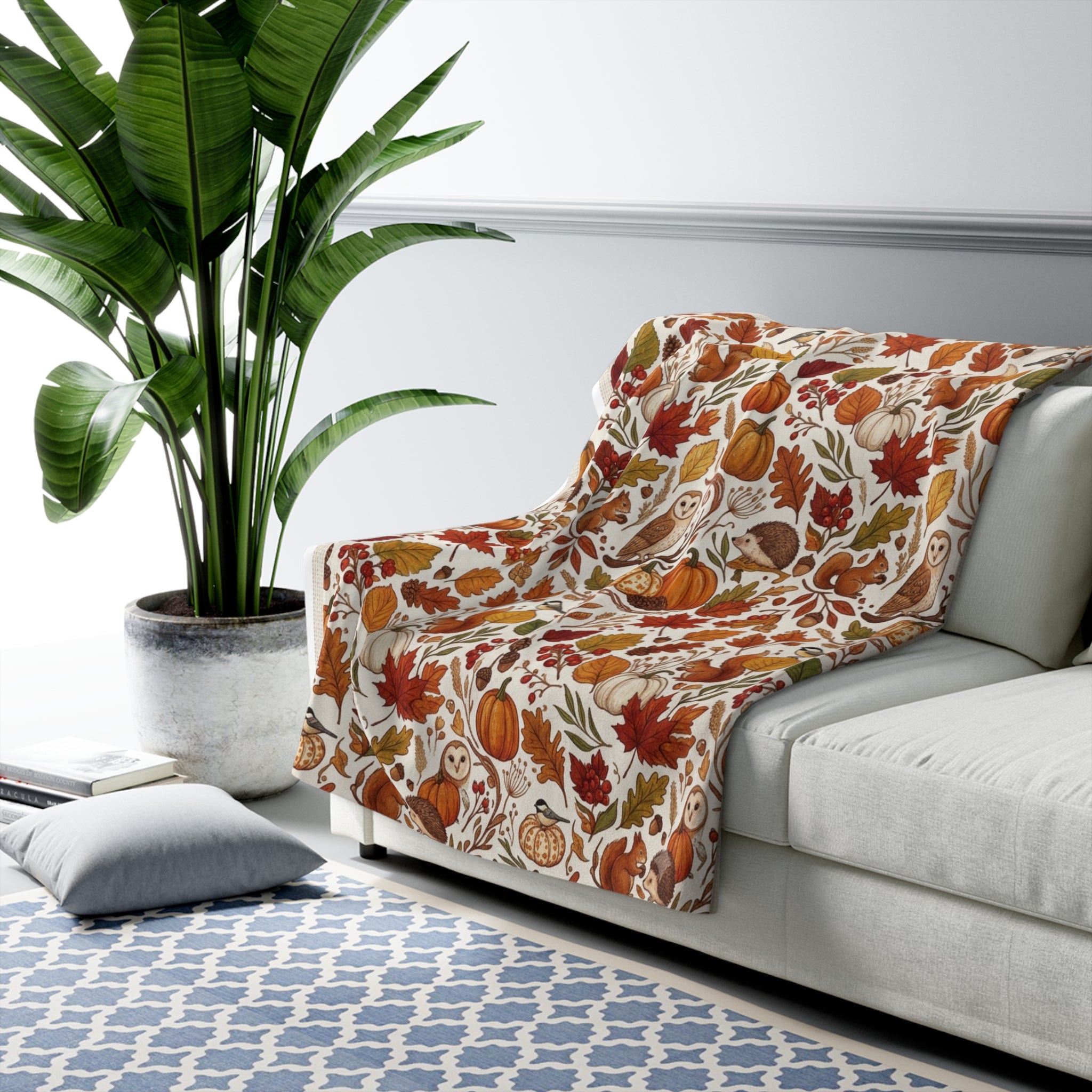 Autumn Harvest Sherpa Blanket – Cozy Fall Pumpkins, Owls & Leaves Throw